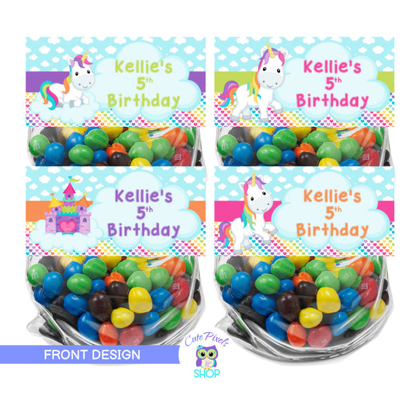 Unicorn Bag Toppers, Rainbow Treat bag wit a cute clouds and rainbow hearts background. Different Unicorns and color for each bag topper. Customized with child's name and age.