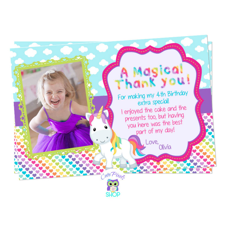 Unicorn Thank You Card, Unicorn Birthday Card. Cute unicorn in a clouds and colorful rainbow hearts background. Party text in rainbow colors for a Unicorn Birthday Party. Includes child's photo