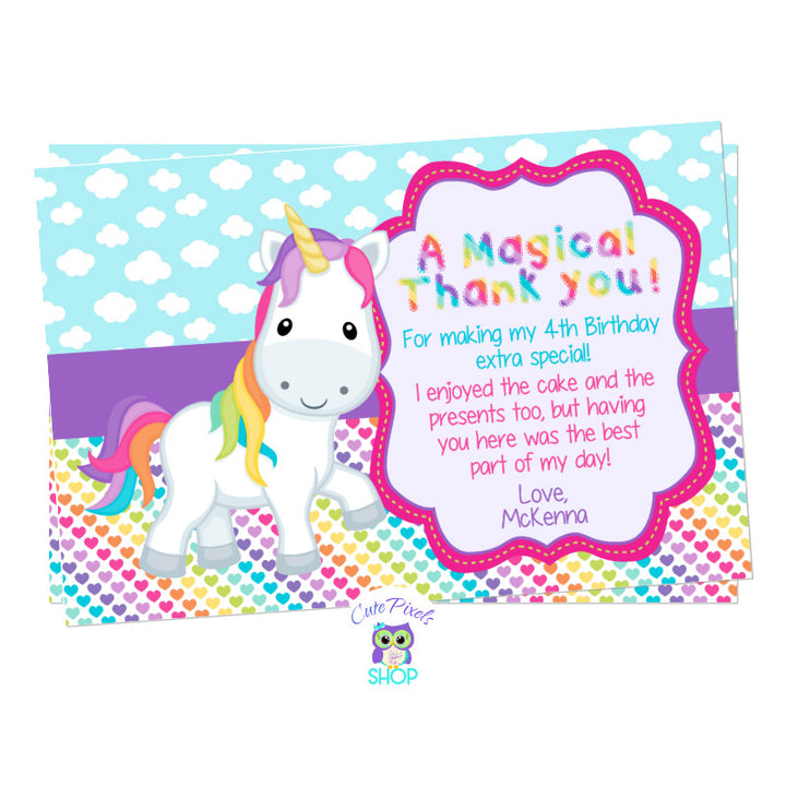 Unicorn Thank You Card, Unicorn Birthday Card. Cute unicorn in a clouds and colorful rainbow hearts background. Party text in rainbow colors for a Unicorn Birthday Party