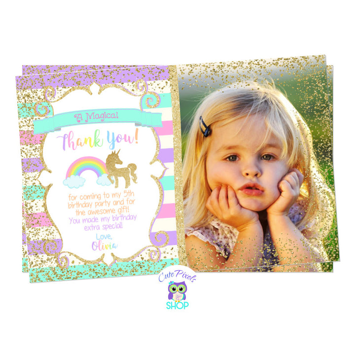 Unicorn Thank You Card, Unicorn Birthday Card. Cute unicorn in glitter gold and pastel rainbow colors background. Party text in rainbow colors for a Unicorn Birthday Party, includes child's photo