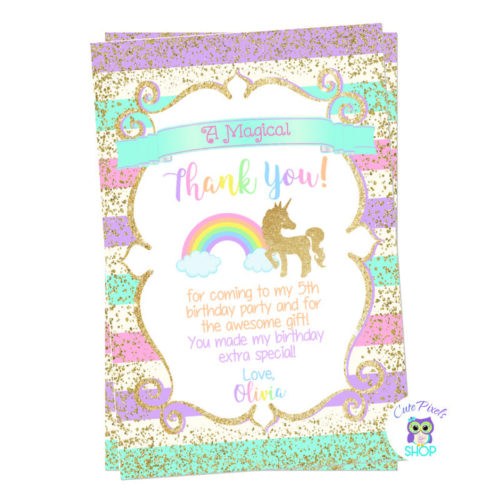 Unicorn Thank You Card, Unicorn Birthday Card. Cute unicorn in glitter gold and pastel rainbow colors background. Party text in rainbow colors for a Unicorn Birthday Party