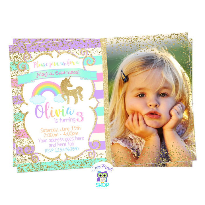 Unicorn Invitation, Unicorn Birthday Invitation. Cute unicorn in glitter gold and pastel rainbow colors background. Party text in rainbow colors for a Unicorn Birthday Party, includes child's photo