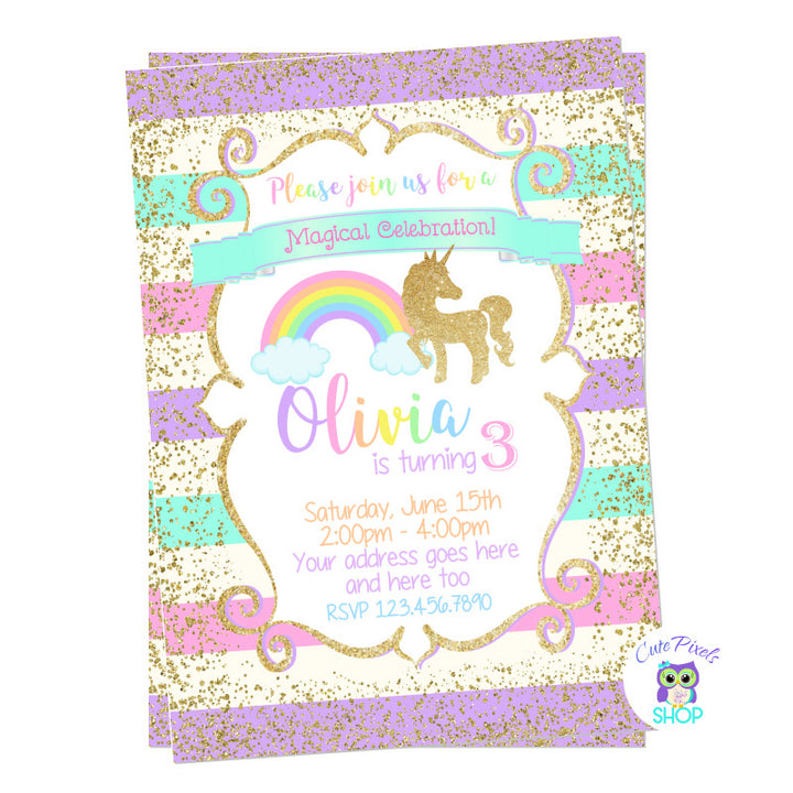 Unicorn Invitation, Unicorn Birthday Invitation. Cute unicorn in glitter gold and pastel rainbow colors background. Party text in rainbow colors for a Unicorn Birthday Party.