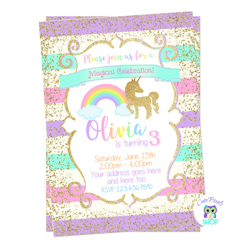 Unicorn Birthday Invitation - Pastel Rainbow and Gold – Cute Pixels Shop
