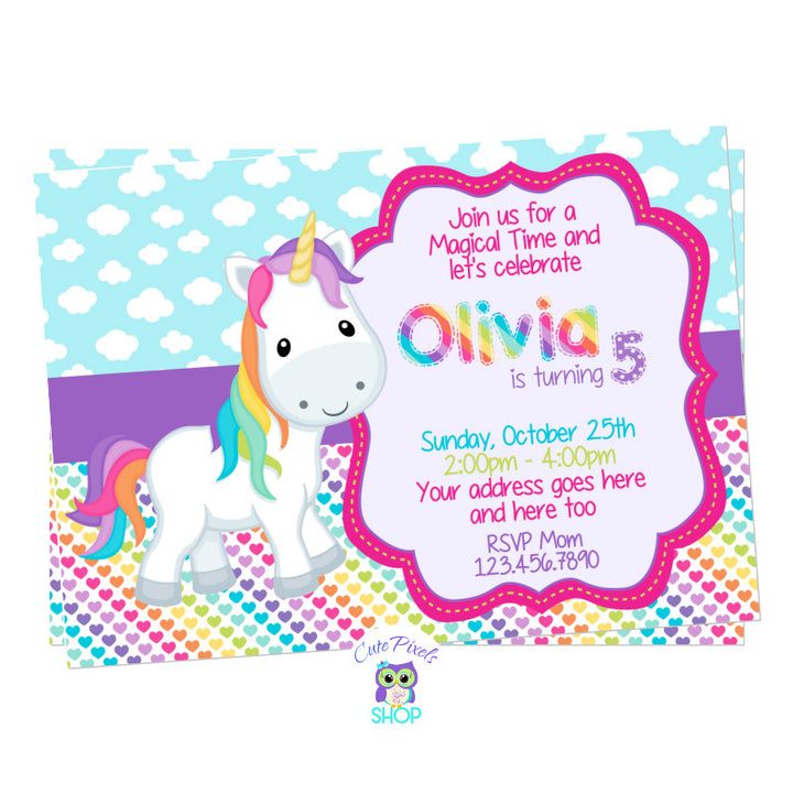 Unicorn Invitation, Unicorn Birthday Invitation. Cute unicorn in a clouds and colorful rainbow hearts background. Party text in rainbow colors for a Unicorn Birthday Party