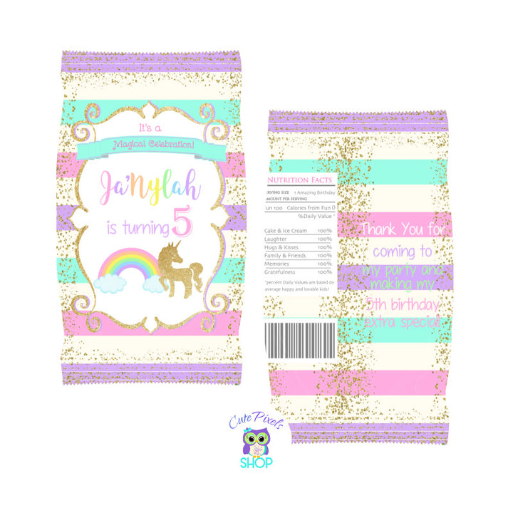 Unicorn Rainbow Chip Bag Wrapper, Rainbow colors and a unicorn design for Party Favors