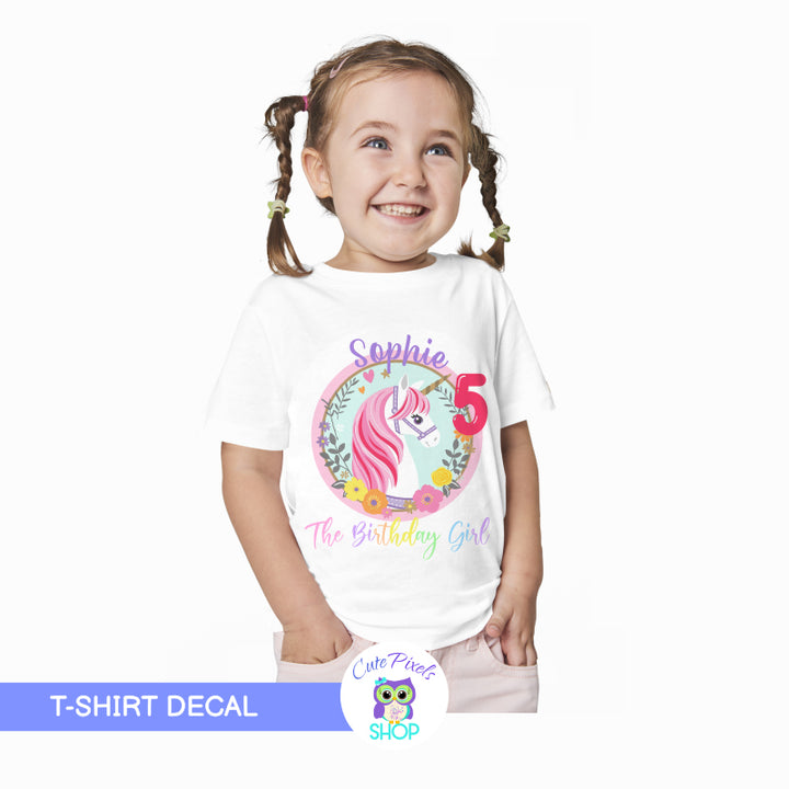 Unicorn T-Shirt design to make a n Unicorn T-shirt for the birthday girl. It is a design to print on iron transfer paper and apply to T-Shirt yourself. Comes with child's name and age.