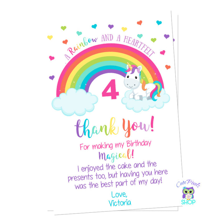 Unicorn Thank You Card, Rainbow Card. Cute unicorn by a colorful rainbow and rainbow color hearts at the top. Party text in rainbow colors for a Unicorn Birthday Party