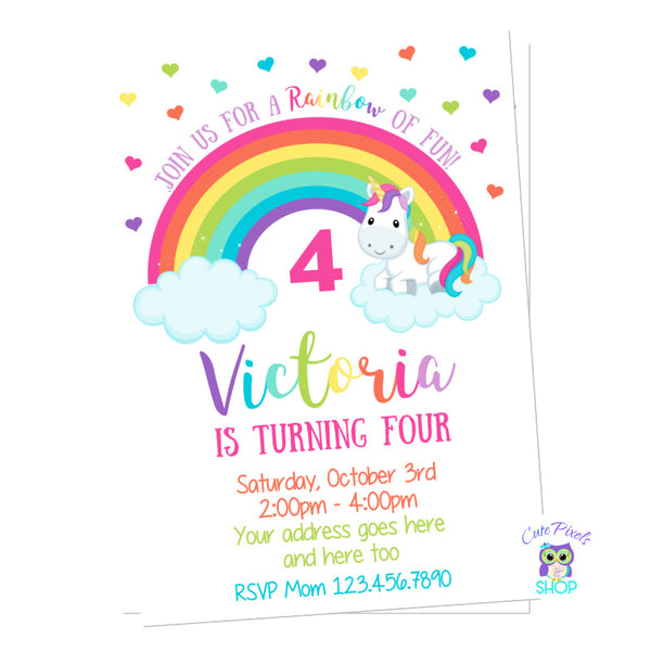 Unicorn Invitation, Rainbow Invitation. Cute unicorn by a colorful rainbow and rainbow color hearts at the top. Party text in rainbow colors for a Unicorn Birthday Party