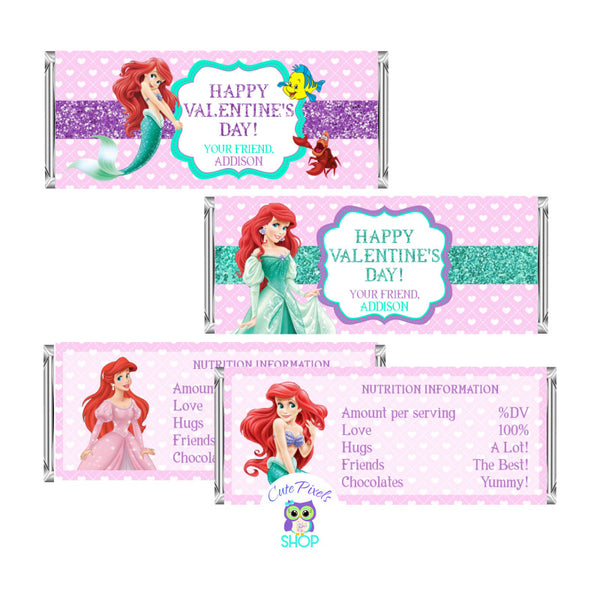 Valentine's day Candy Bar wrapper, the little mermaid Chocolate bar wrappers with pink and hearts background, princess Ariel, Flounder and Sebastian