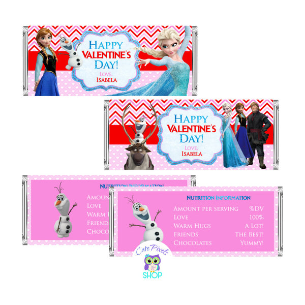 Valentine's day candy bar wrappers with disney Frozen characters, Elsa, Anna, Olaf. Customized with a Happy Valentine's day message and name. Red and pink colors for a cute Valentine's day favor