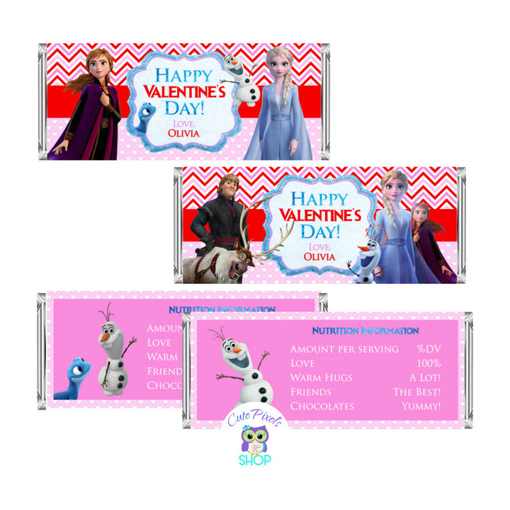 Valentine's day candy bar wrappers with disney Frozen II characters, Elsa, Anna, Olaf. Customized with a Happy Valentine's day message and name. Red and pink colors for a cute Valentine's day favor