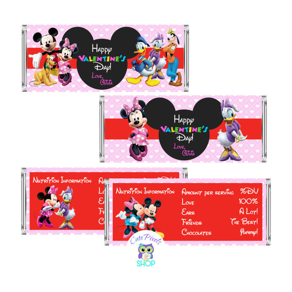 Valentine's Day Candy Bar wrapper with Mickey Mouse, Minnie Mouse and all clubhouse friends in a cute pink background with hearts, perfect to wrap your chocolates and spread love, friendship and sweetness.