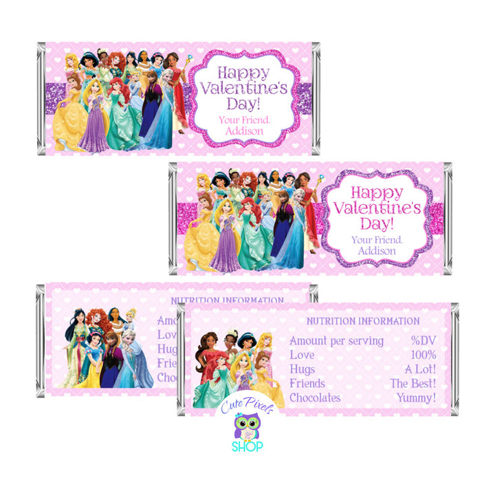 Valentine's day candy bar wrapper with all disney princess and a Happy Valentine's day message personalized with name