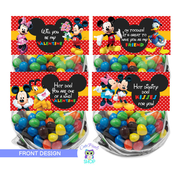 Valentines day bag toppers, Mickey mouse clubhouse valentines treat bags, four different designs with Mickey mouse, Minnie mouse, Donald and pluto. Design in front and back, customized with name, red design