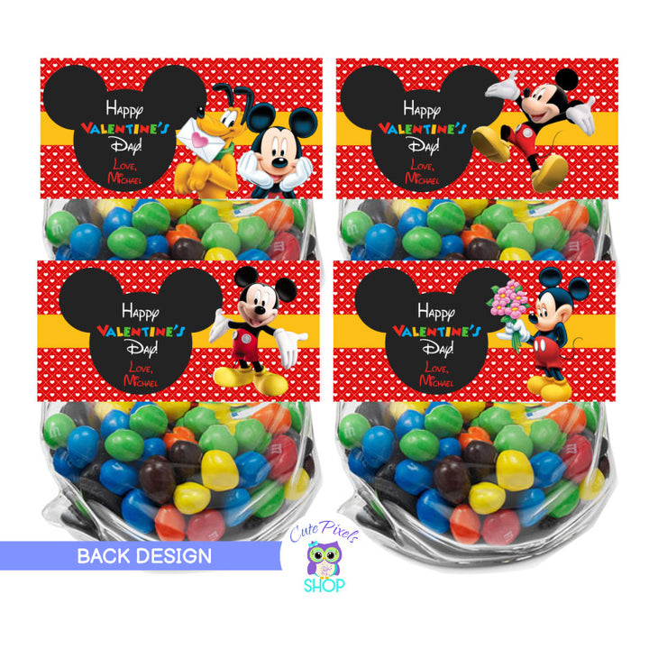 Back design of Valentine's bag toppers with mickey mouse and pluto, customized with name. Red design. Favor Bags for valentine's day