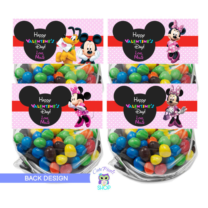 Back design of Valentine's bag toppers with minnie mouse. mickey mouse and pluto, customized with name. Pink design. Favor Bags for valentine's day