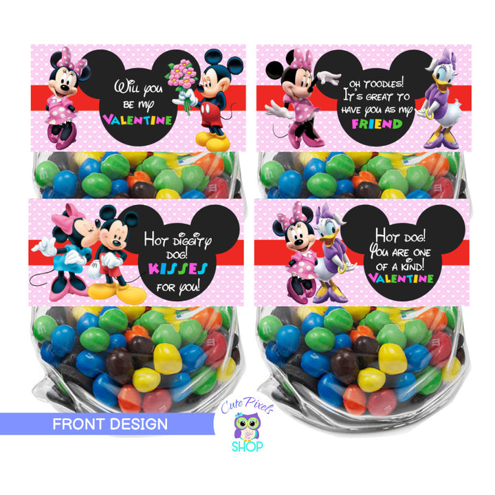Valentines day bag toppers, Mickey mouse clubhouse valentines treat bags, four different designs with Mickey mouse, Minnie mouse, Donald and pluto. Design in front and back, customized with name, pink design