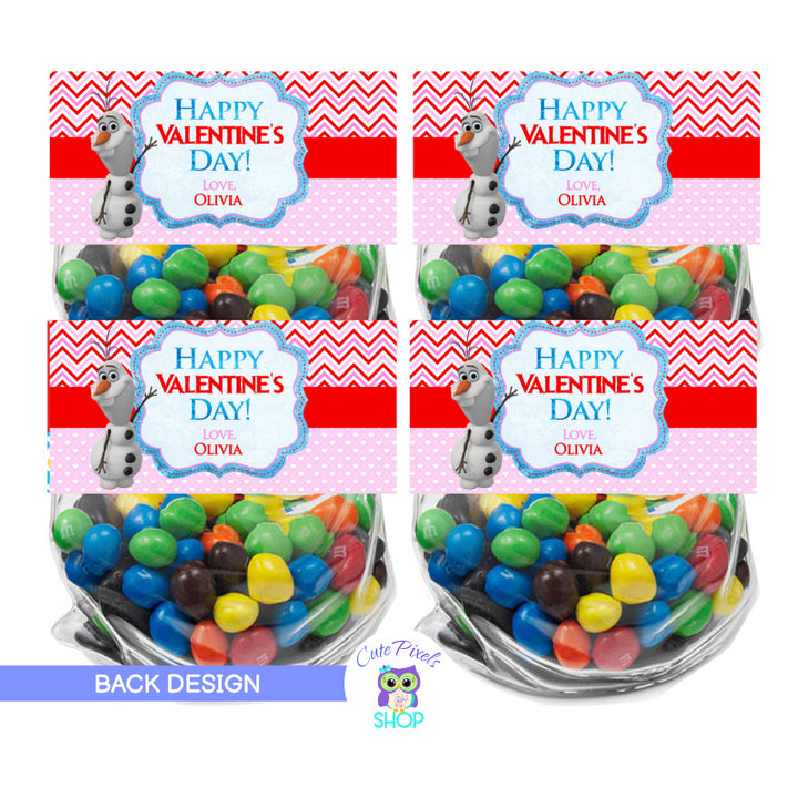 Back design of Valentine's bag toppers with Olaf and a Happy Valentine's day message personalized with name