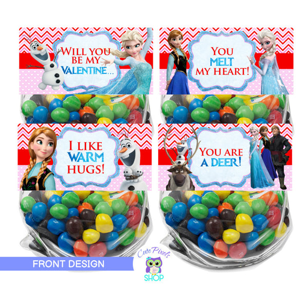 Valentine's day bag toppers with Frozen theme, having Elsa, Olaf, Anna, Kristoff and sven to celebrate valentine's day. Use on treat bags to give as valentine's favors