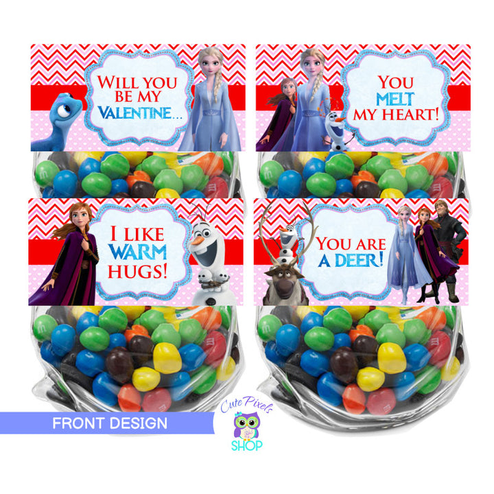 Valentine's day bag toppers with Frozen II theme, having Elsa, Olaf, Anna, Kristoff and sven to celebrate valentine's day. Use on treat bags to give as valentine's favors