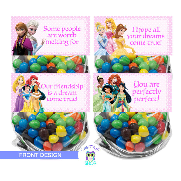 Valentine's day Bag toppers with Disney Princess, front design with all disney princess and valentine's day messages