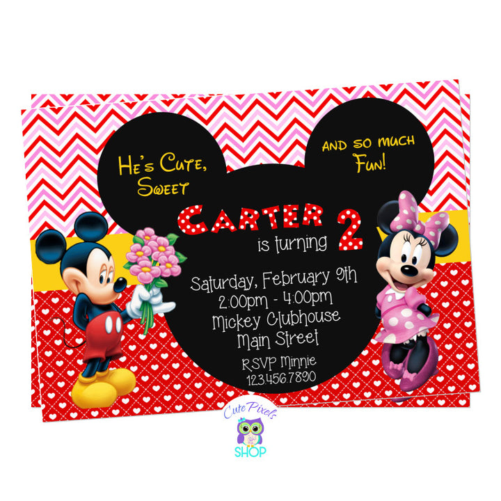 Valentines Birthday invitation with Mickey mouse and Minnie mouse, for a cute, sweet and so much fun birthday party. Valentines card for a birthday in red