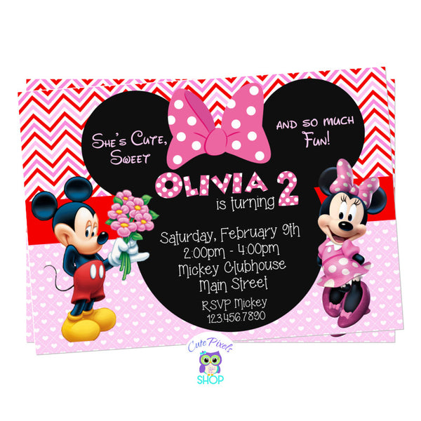 Valentines Birthday invitation with Mickey mouse and Minnie mouse, for a cute, sweet and so much fun birthday party. Valentines card for a birthday in pink