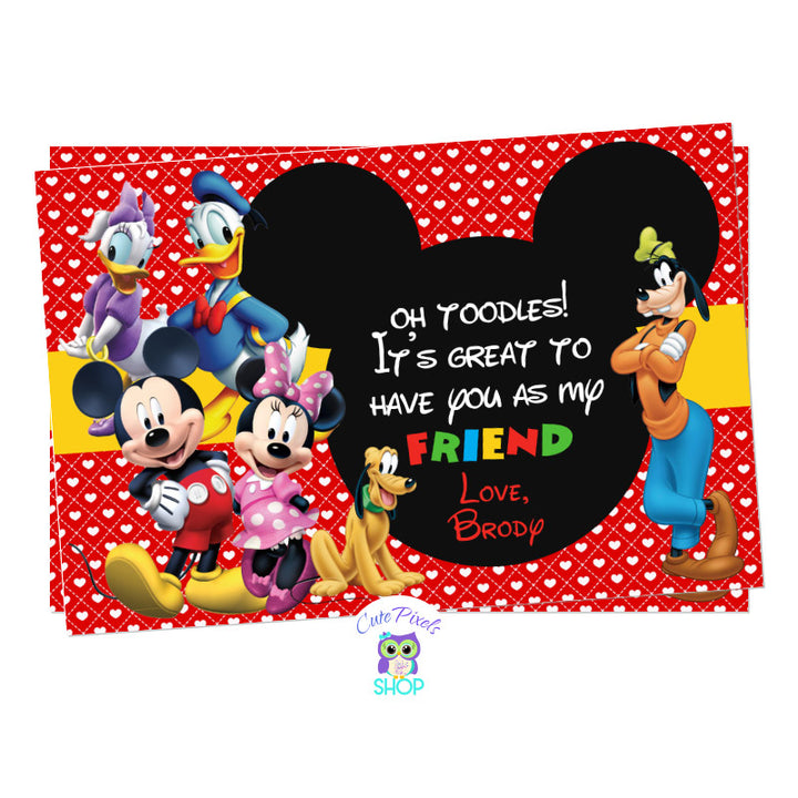Mickey Mouse Valentines day card in red, with all Mickey Mouse clubhouse characters and a red background full of hearts. Personalized with name to wish a Happy Valentine's day to your friends