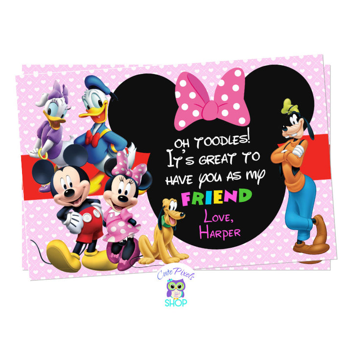 Mickey Mouse Valentines day card in pink, with all Mickey Mouse clubhouse characters and a pink background full of hearts. Personalized with name to wish a Happy Valentine's day to your friends
