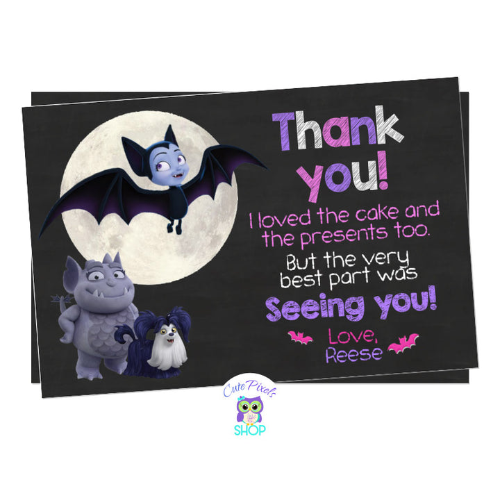 Vampirina Thank You Card, Vampirina as a bat in a chalkboard background with the moon, Gregoria and ghost Demi