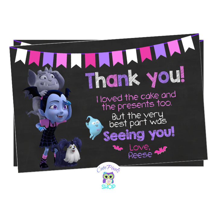 Vampirina Thank You Card, Vampirina as a girl in a chalkboard background with the moon, Gregoria and ghost Demi