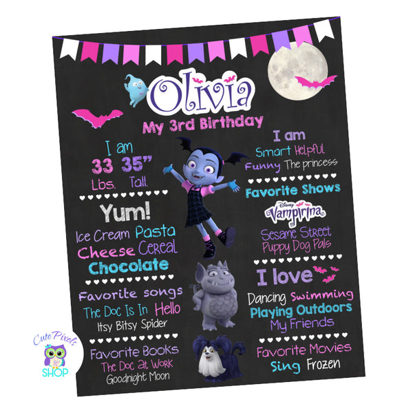 Vampirina Birthday sign, Disney Vampirina chalkboard sign with milestones for child Vampirina as a girl, Gregoria, Demi and the cute dog