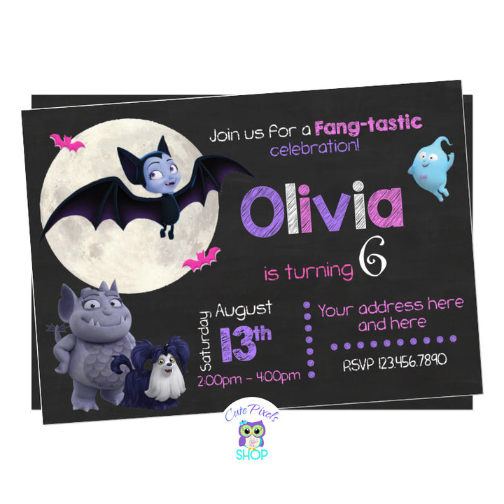 Vampirina Birthday Invitation, Vampirina as a bat in a chalkboard background with the moon, Gregoria and ghost Demi