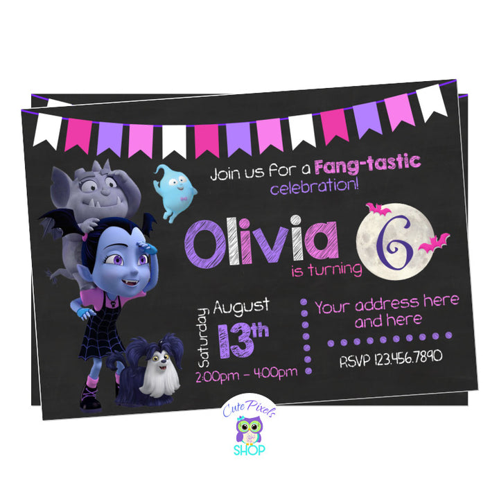 Vampirina Birthday Invitation, Vampirina as a girl in a chalkboard background with the moon, Gregoria and ghost Demi