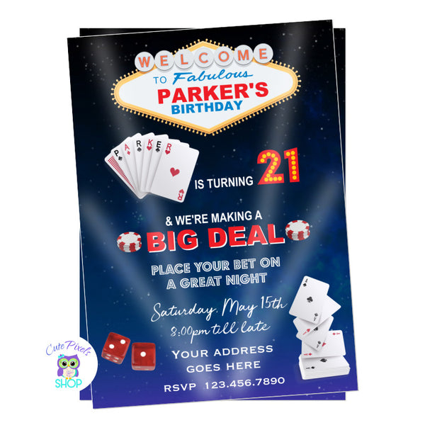 Vegas Invitation, Fabulous Vegas Birthday Invitation for a Casino Birthday Party. Night sky background with light and Welcome to Fabulous Vegas sign, poker cards, dice and poker coins.