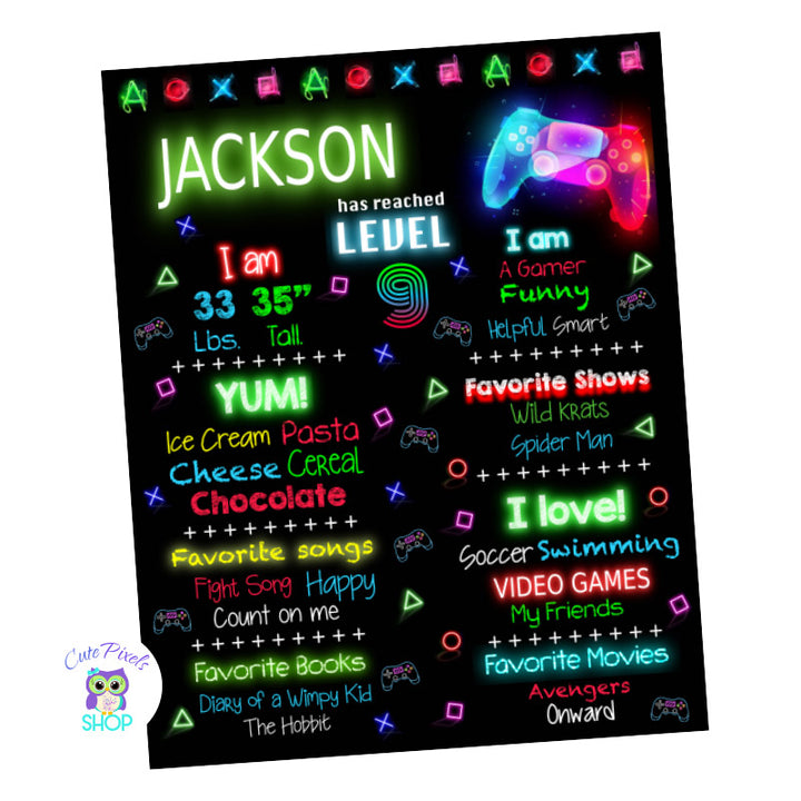 Video Game Birthday Sign, Chalkboard Sign for Child's milestones with Video Game symbols and Controller