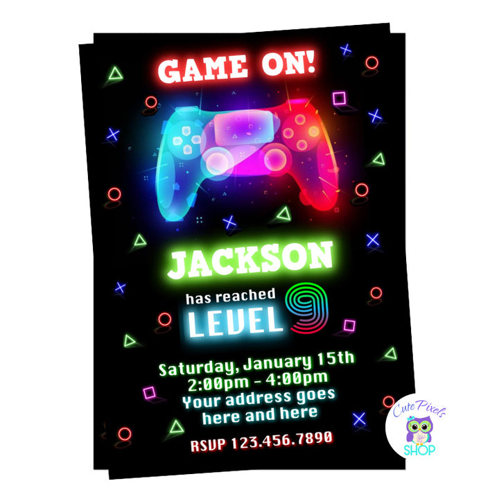 Video Game Invitation, Gamer birthday invitation. Video game controller in neon colors with video game symbols and neon colors