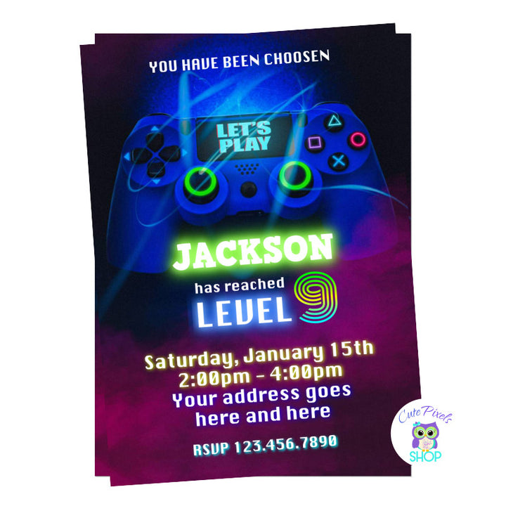 Video game invitation, Game on birthday invitation. Video gamer invitation with neon colors for a boy gamer birthday party