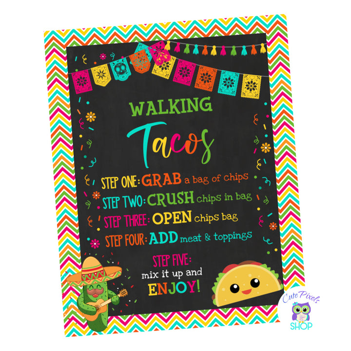Walking Tacos Sigg for a Taco bar poster. Chalkboard background with Mexican bunting banners, a Taco and a Cactus with Mexican hat and guitar. All steps to enjoy your tacos. Perfect for a Fiesta Party