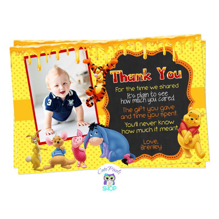Winnie the Pooh Thank You Card in a Yellow background, honey melting at the top and Pooh, Eeyore, Piglet, Roo, Tigger and Rabbit on it. Includes Child's photo. For a cute Winnie The Pooh Birthday Party 