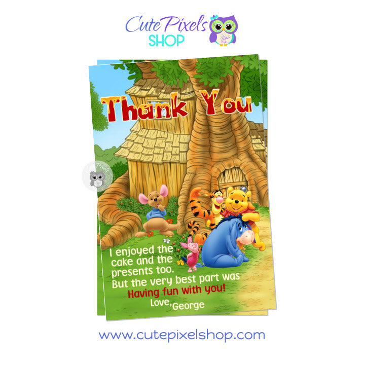 Winnie The Pooh Thank You card, All Winnie The Pooh Characters around house for a cute Birthday Thank You Card