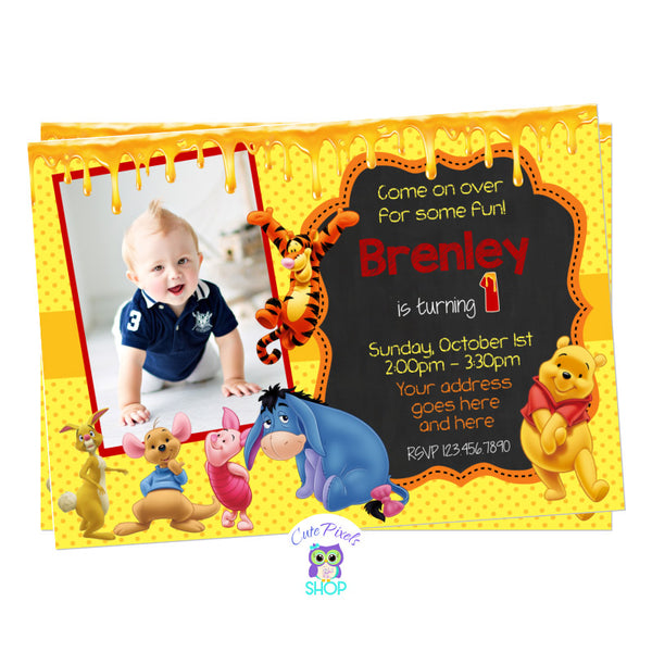 Winnie the Pooh Invitation in a Yellow background, honey melting at the top and Pooh, Eeyore, Piglet, Roo, Tigger and Rabbit on it. Includes Child's photo. For a cute Winnie The Pooh Birthday Party 
