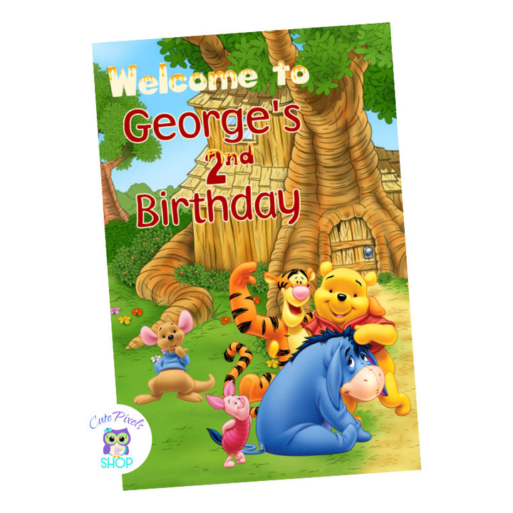 Winnie The Pooh Backdrop, Birthday Birthday Sign with all Winnie The Pooh Characters around Pooh bear's house for a cute Birthday Party. Portrait Design