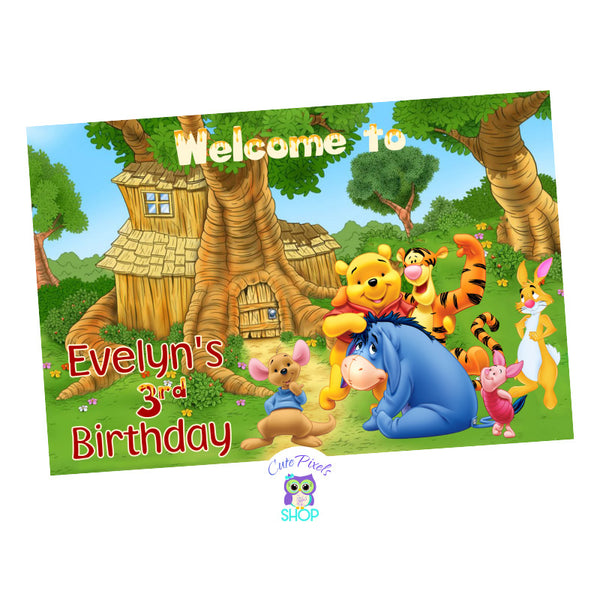 Winnie The Pooh Backdrop, Birthday Birthday Sign with all Winnie The Pooh Characters around Pooh bear's house for a cute Birthday Party. Landscape Design