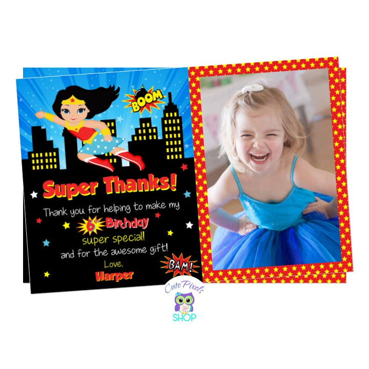 Wonder Woman Thank You card. Little superhero girl dressed as Wonder Woman with a city background, yellow, red and blue stars. Superhero card for girl in red and yellow. Includes child's photo