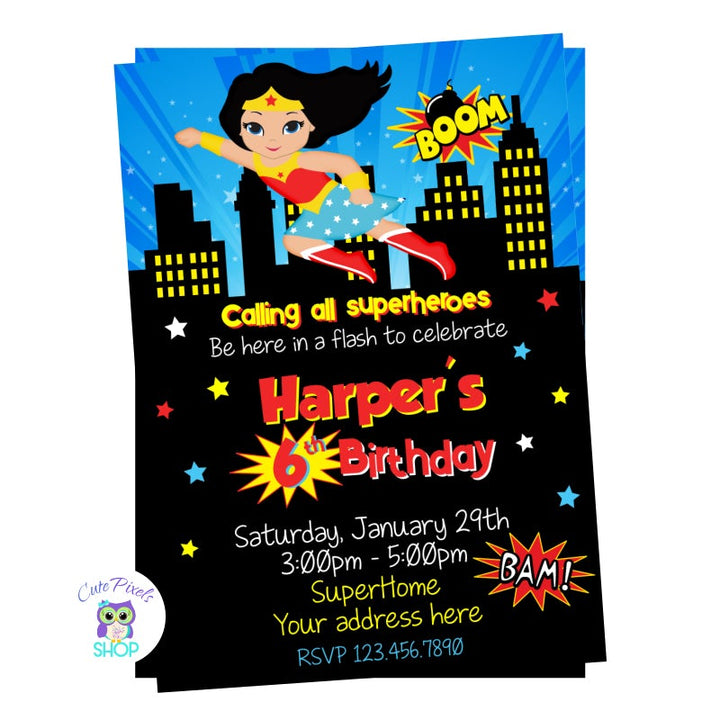 Wonder Woman Invitation. Little superhero girl dressed as Wonder Woman with a city background, yellow, red and blue stars. Superhero invitation for girl in red and yellow