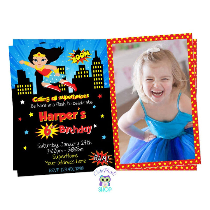Wonder Woman Invitation. Little superhero girl dressed as Wonder Woman with a city background, yellow, red and blue stars. Superhero invitation for girl in red and yellow. Includes child's photo