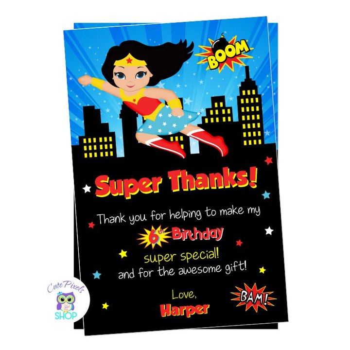 Wonder Woman Thank You card. Little superhero girl dressed as Wonder Woman with a city background, yellow, red and blue stars. Superhero card for girl in red and yellow