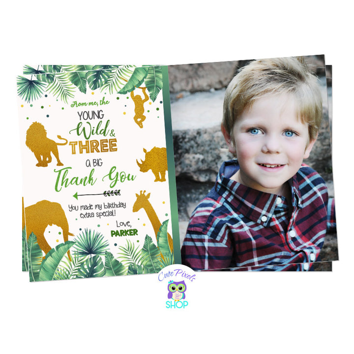 Young, Wild and Three Birthday thank you card with tropical leaves and wild animals in gold and green. Boy Design with photo
